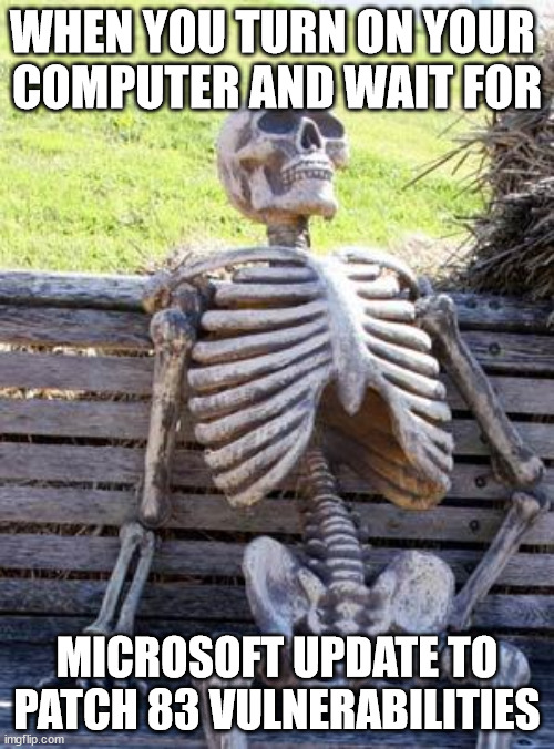 A digital snow day | WHEN YOU TURN ON YOUR 
COMPUTER AND WAIT FOR; MICROSOFT UPDATE TO PATCH 83 VULNERABILITIES | image tagged in memes,waiting skeleton | made w/ Imgflip meme maker