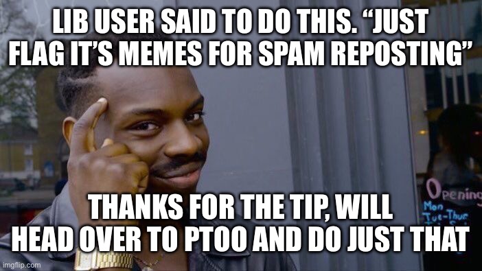 Roll Safe Think About It | LIB USER SAID TO DO THIS. “JUST FLAG IT’S MEMES FOR SPAM REPOSTING”; THANKS FOR THE TIP, WILL HEAD OVER TO PTOO AND DO JUST THAT | image tagged in memes,roll safe think about it | made w/ Imgflip meme maker