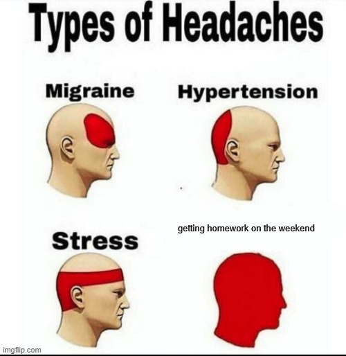 Types of Headaches meme | getting homework on the weekend | image tagged in types of headaches meme | made w/ Imgflip meme maker