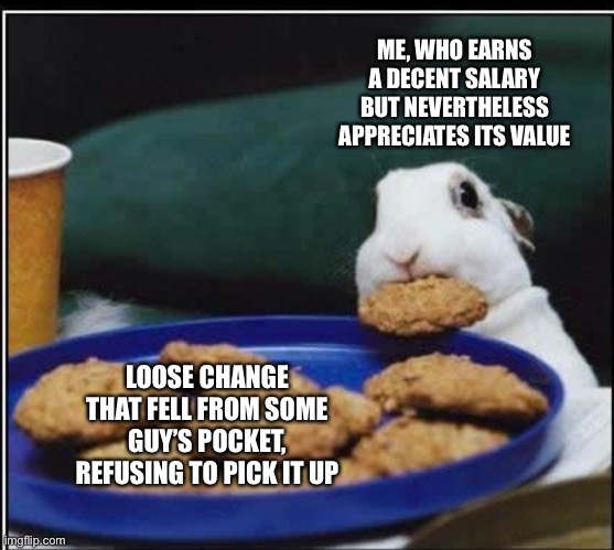 Based on true events | ME, WHO EARNS A DECENT SALARY BUT NEVERTHELESS APPRECIATES ITS VALUE; LOOSE CHANGE THAT FELL FROM SOME GUY’S POCKET, REFUSING TO PICK IT UP | image tagged in bunny eating cookie | made w/ Imgflip meme maker