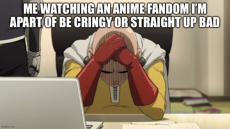 Like dude you’re embarrassing us | ME WATCHING AN ANIME FANDOM I’M APART OF BE CRINGY OR STRAIGHT UP BAD | image tagged in saitama,anime meme,anime | made w/ Imgflip meme maker
