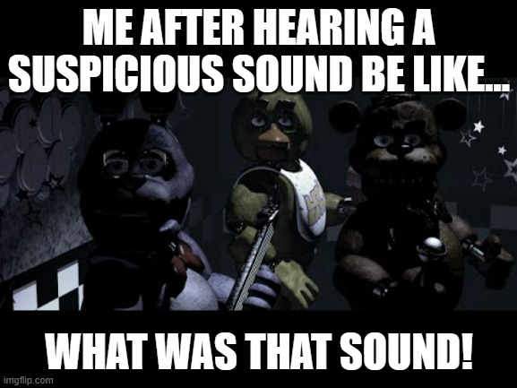 FNAF Meme- Hearing a suspicious sound be like.. | ME AFTER HEARING A SUSPICIOUS SOUND BE LIKE... WHAT WAS THAT SOUND! | image tagged in fnaf stare meme | made w/ Imgflip meme maker