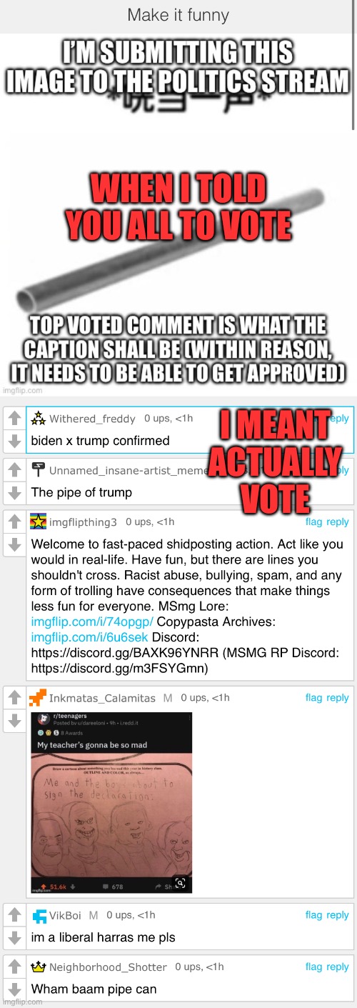 Runner up since a copypasta was the top voted | WHEN I TOLD YOU ALL TO VOTE; I MEANT ACTUALLY VOTE | made w/ Imgflip meme maker