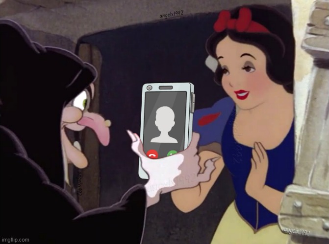 snow white | image tagged in snow white,disney,cell phone,witch,cell,cartoon | made w/ Imgflip meme maker
