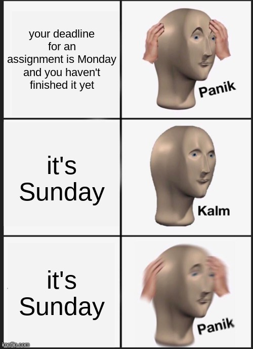 POV: any middle schooler | your deadline for an assignment is Monday and you haven't finished it yet; it's Sunday; it's Sunday | image tagged in memes,panik kalm panik | made w/ Imgflip meme maker