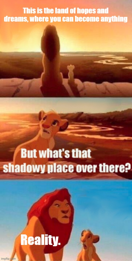 More dream crushing. yay. | This is the land of hopes and dreams, where you can become anything; Reality. | image tagged in memes,simba shadowy place | made w/ Imgflip meme maker