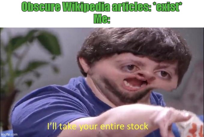 Me when Wikipedia obscure articles be like | Obscure Wikipedia articles: *exist*
Me: | image tagged in jon tron ill take your entire stock,wikipedia,weird stuff i tend to do,mm yes wonderful | made w/ Imgflip meme maker