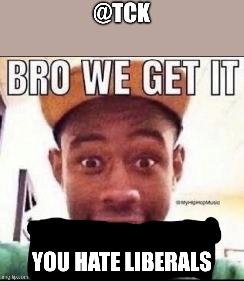 Literally every meme he's made is just hating on liberals | @TCK; YOU HATE LIBERALS | image tagged in bro we get it you're gay | made w/ Imgflip meme maker