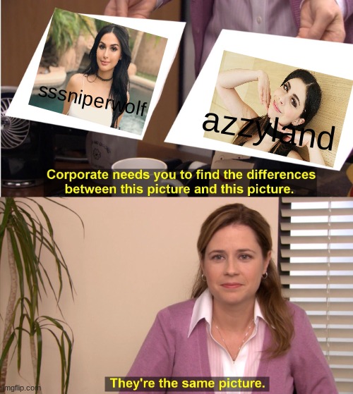 SSSniperWolf VS AzzyLand | sssniperwolf; azzyland | image tagged in memes,they're the same picture,sssniperwolf,azzyland,the office | made w/ Imgflip meme maker