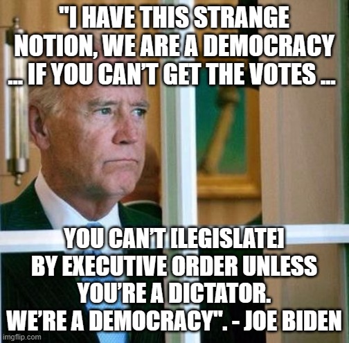 Uh, except for gun stuff, and finance stuff, and buying votes stuff... |  "I HAVE THIS STRANGE NOTION, WE ARE A DEMOCRACY … IF YOU CAN’T GET THE VOTES …; YOU CAN’T [LEGISLATE] BY EXECUTIVE ORDER UNLESS YOU’RE A DICTATOR. WE’RE A DEMOCRACY". - JOE BIDEN | image tagged in sad joe biden | made w/ Imgflip meme maker