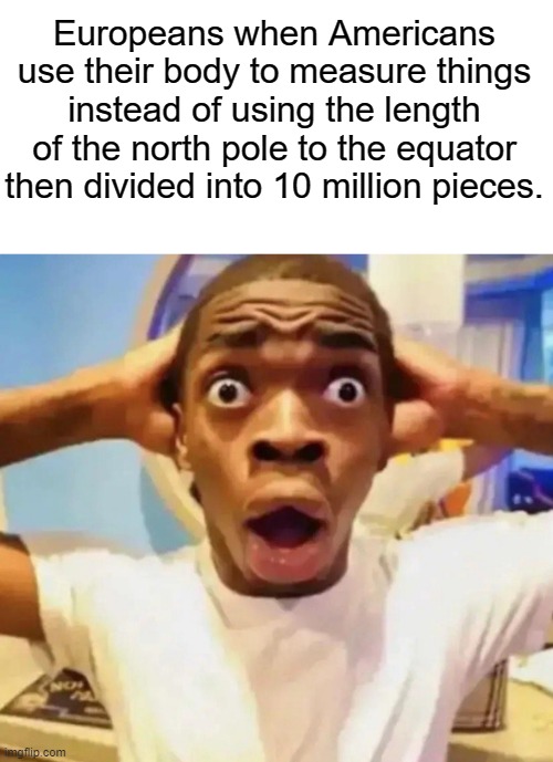 Shocked black guy grabbing head | Europeans when Americans use their body to measure things instead of using the length of the north pole to the equator then divided into 10  | image tagged in shocked black guy grabbing head | made w/ Imgflip meme maker