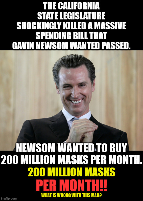 Do Democrats even care the taxpayers, the budget, the debt?? | THE CALIFORNIA STATE LEGISLATURE SHOCKINGLY KILLED A MASSIVE SPENDING BILL THAT GAVIN NEWSOM WANTED PASSED. NEWSOM WANTED TO BUY 200 MILLION MASKS PER MONTH. 200 MILLION MASKS; PER MONTH!! WHAT IS WRONG WITH THIS MAN? | image tagged in scheming gavin newsom,democrat death wish,fleece the taxpayers | made w/ Imgflip meme maker