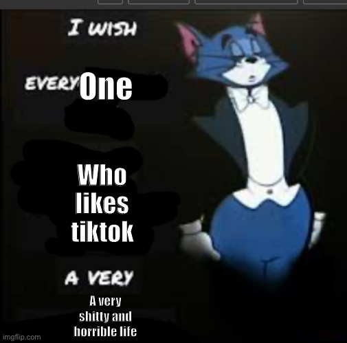 New temp | One; Who likes tiktok; A very shitty and horrible life | image tagged in i wish every x a very y tom and jerry | made w/ Imgflip meme maker