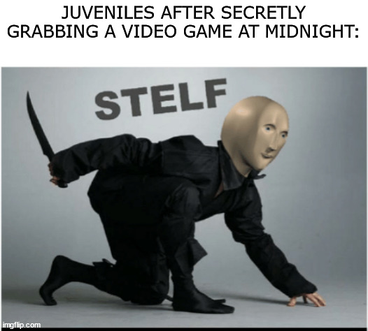 True | JUVENILES AFTER SECRETLY GRABBING A VIDEO GAME AT MIDNIGHT: | image tagged in stelf | made w/ Imgflip meme maker
