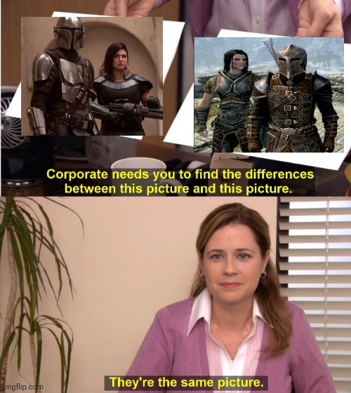Mando vs Skyrim | image tagged in memes,they're the same picture | made w/ Imgflip meme maker