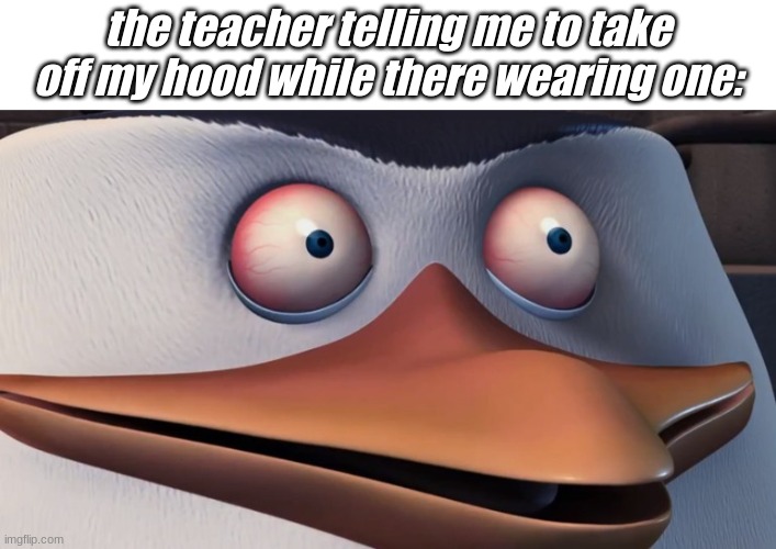 like why | the teacher telling me to take off my hood while there wearing one: | image tagged in penguins of madagascar skipper red eyes | made w/ Imgflip meme maker