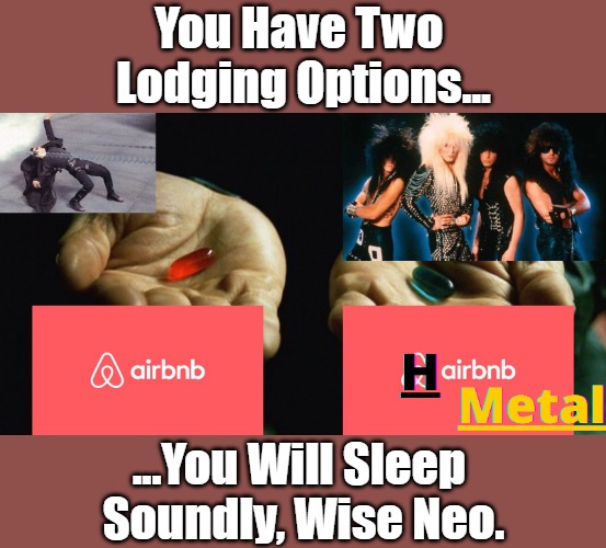 airbnb vs Hairbnb | You Have Two 
Lodging Options... ...You Will Sleep 
Soundly, Wise Neo. | image tagged in matrix morpheus,neo dodging a bullet matrix,red pill blue pill,hair metal,punny,eyeroll | made w/ Imgflip meme maker