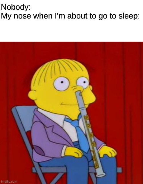 I swear, with enough people it could become a whole orchestra. | Nobody:
My nose when I'm about to go to sleep: | image tagged in ralph wiggum flute,memes,sleep,flute | made w/ Imgflip meme maker