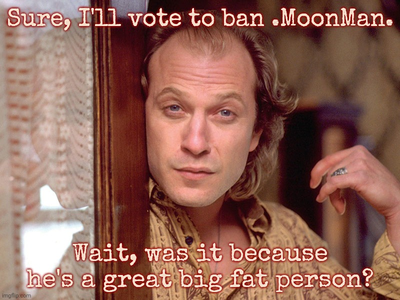 Buffalo Bill Invites You In,,, | Sure, I'll vote to ban .MoonMan. Wait, was it because he's a great big fat person? | image tagged in buffalo bill invites you in | made w/ Imgflip meme maker