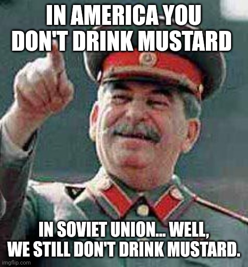 At least we have this in common... | IN AMERICA YOU DON'T DRINK MUSTARD; IN SOVIET UNION... WELL, WE STILL DON'T DRINK MUSTARD. | image tagged in stalin says | made w/ Imgflip meme maker