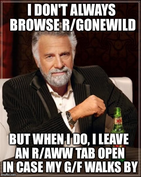 The Most Interesting Man In The World Meme | I DON'T ALWAYS BROWSE R/GONEWILD BUT WHEN I DO, I LEAVE AN R/AWW TAB OPEN IN CASE MY G/F WALKS BY | image tagged in memes,the most interesting man in the world | made w/ Imgflip meme maker