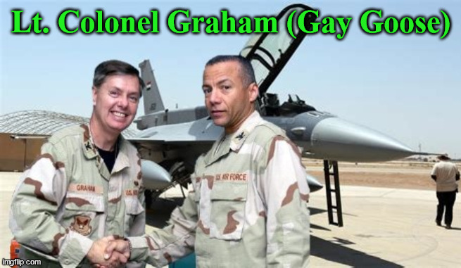 Gay Goose | Lt. Colonel Graham (Gay Goose) | image tagged in lindsey graham,air farce,warmonger,gop,f-16 | made w/ Imgflip meme maker