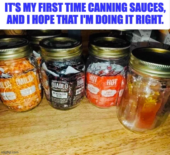 Canning | IT'S MY FIRST TIME CANNING SAUCES, AND I HOPE THAT I'M DOING IT RIGHT. | image tagged in eyeroll | made w/ Imgflip meme maker