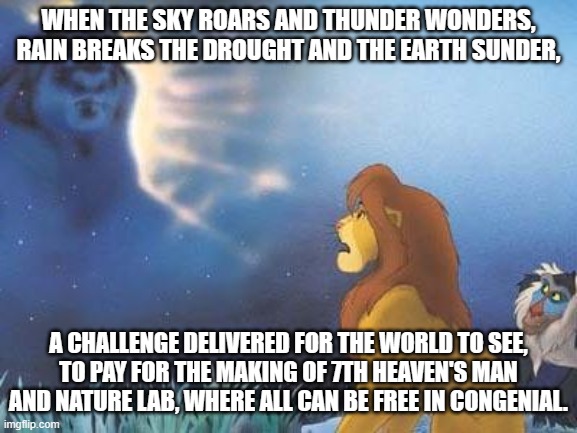 Lion King Mufasa in the sky | WHEN THE SKY ROARS AND THUNDER WONDERS,
RAIN BREAKS THE DROUGHT AND THE EARTH SUNDER, A CHALLENGE DELIVERED FOR THE WORLD TO SEE,
TO PAY FOR THE MAKING OF 7TH HEAVEN'S MAN AND NATURE LAB, WHERE ALL CAN BE FREE IN CONGENIAL. | image tagged in lion king mufasa in the sky | made w/ Imgflip meme maker