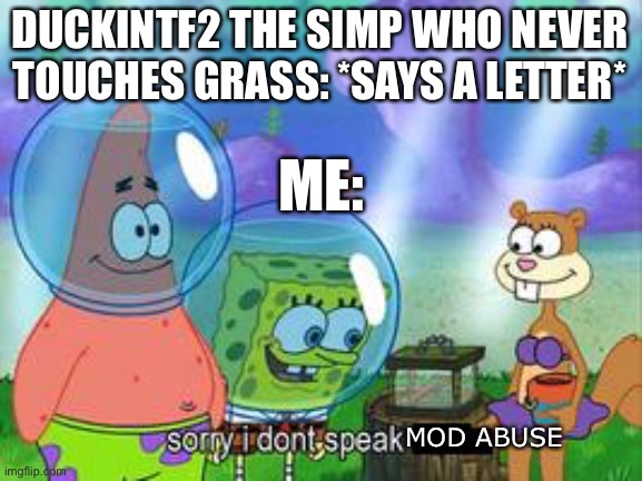 Sorry I don't speak ____ | DUCKINTF2 THE SIMP WHO NEVER TOUCHES GRASS: *SAYS A LETTER*; ME:; MOD ABUSE | image tagged in sorry i don't speak ____ | made w/ Imgflip meme maker