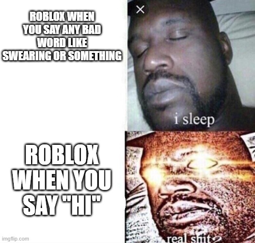 Roblox Moderation be like | ROBLOX WHEN YOU SAY ANY BAD WORD LIKE SWEARING OR SOMETHING; ROBLOX WHEN YOU SAY "HI" | image tagged in i sleep real shit | made w/ Imgflip meme maker