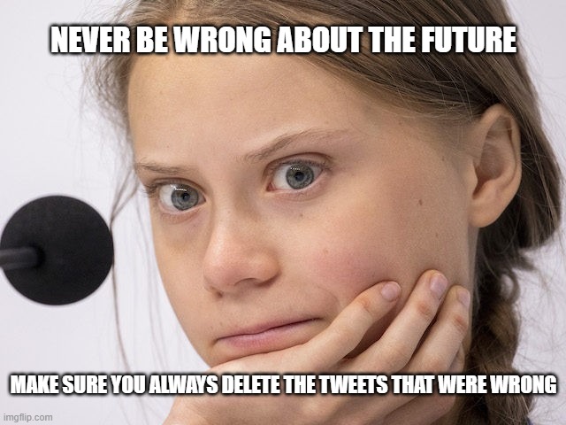NEVER BE WRONG ABOUT THE FUTURE; MAKE SURE YOU ALWAYS DELETE THE TWEETS THAT WERE WRONG | made w/ Imgflip meme maker