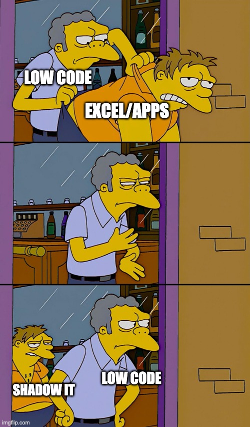 Kicking out Simpsons | LOW CODE; EXCEL/APPS; LOW CODE; SHADOW IT | image tagged in kicking out simpsons | made w/ Imgflip meme maker