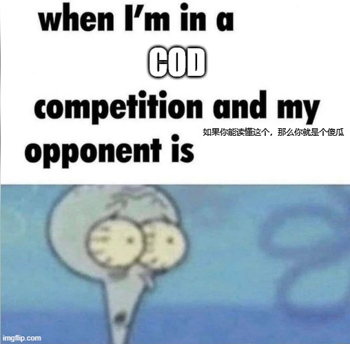 whe i'm in a competition and my opponent is | COD; 如果你能读懂这个，那么你就是个傻瓜 | image tagged in whe i'm in a competition and my opponent is | made w/ Imgflip meme maker