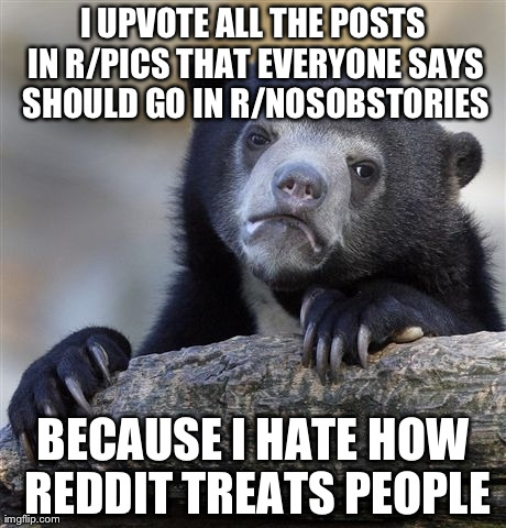 Confession Bear | I UPVOTE ALL THE POSTS IN R/PICS THAT EVERYONE SAYS SHOULD GO IN R/NOSOBSTORIES BECAUSE I HATE HOW REDDIT TREATS PEOPLE | image tagged in memes,confession bear | made w/ Imgflip meme maker