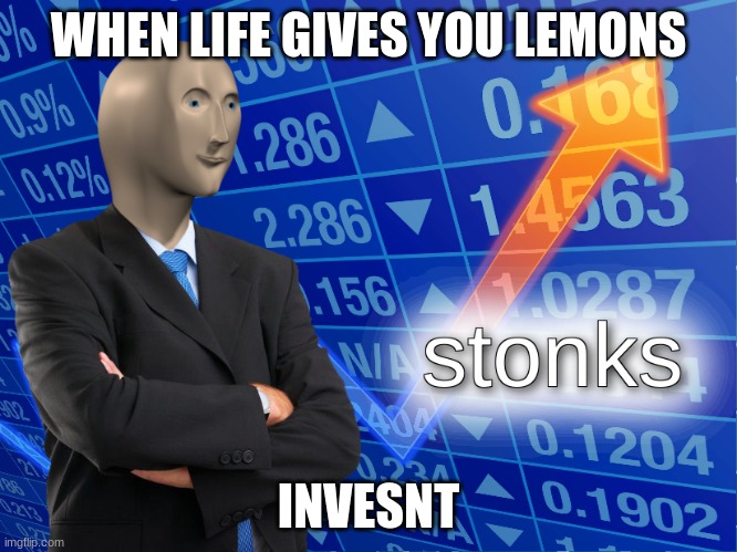 stonks | WHEN LIFE GIVES YOU LEMONS INVESNT | image tagged in stonks | made w/ Imgflip meme maker