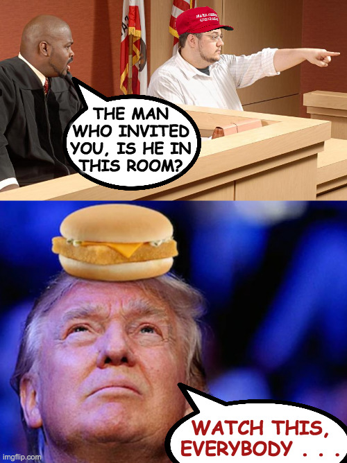 "The trial of the century" | THE MAN
WHO INVITED
YOU, IS HE IN
THIS ROOM? WATCH THIS,
EVERYBODY . . . | image tagged in memes,trump trial,stupid human tricks | made w/ Imgflip meme maker