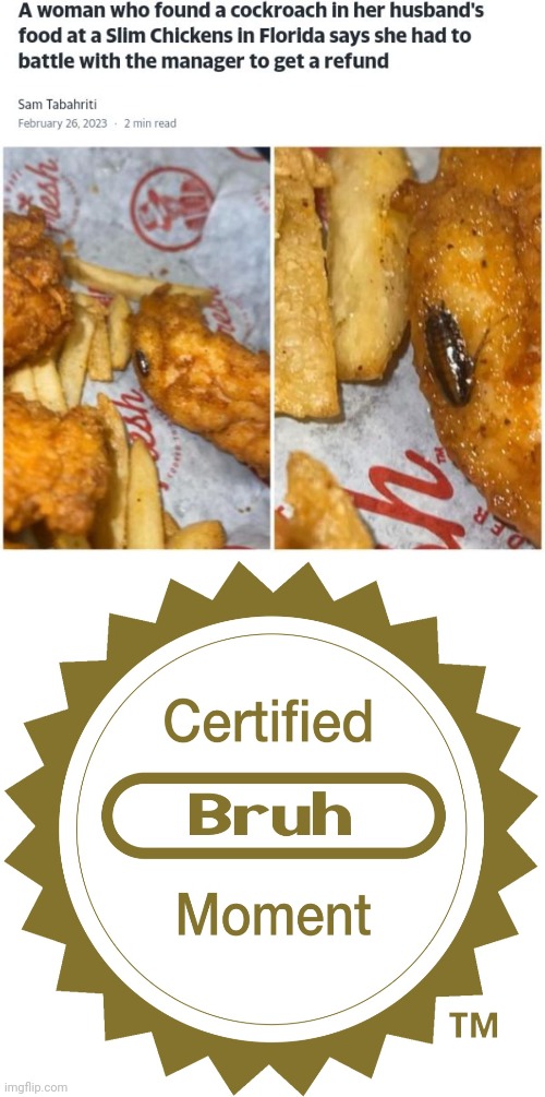 Slim Chickens | image tagged in certified bruh moment,cockroach,roach,memes,chicken,refund | made w/ Imgflip meme maker