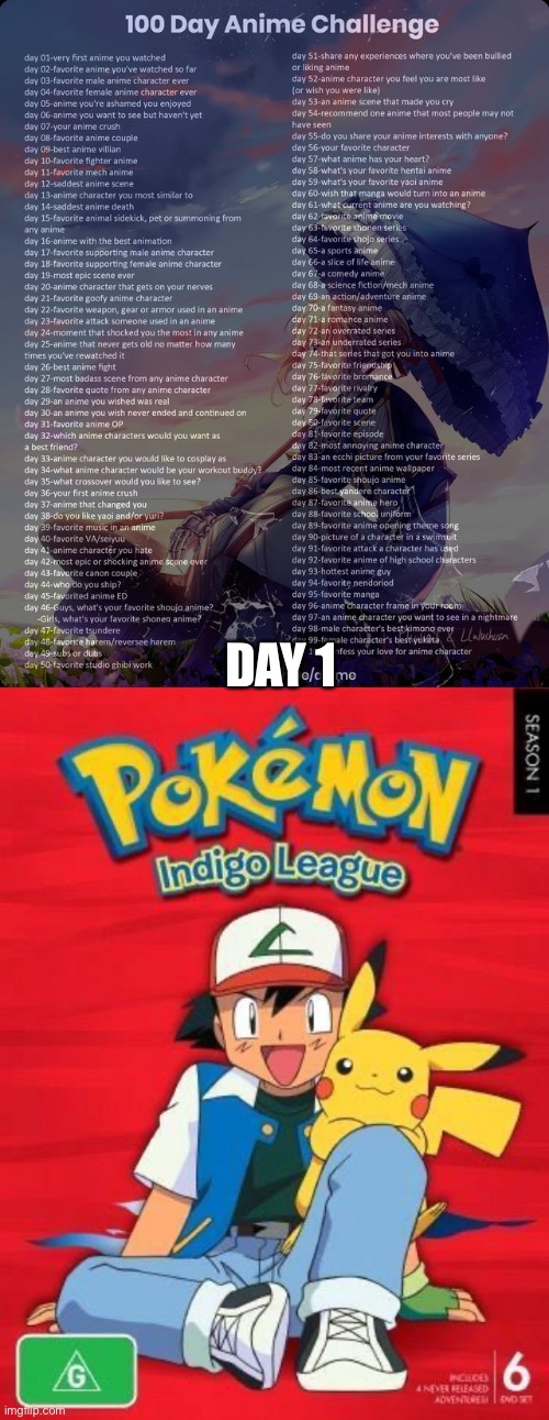 Day 1: Pokémon indigo league (probably one of the greatest animes of all time) | DAY 1 | image tagged in 100 day anime challenge,pokemon,ash ketchum,pikachu | made w/ Imgflip meme maker
