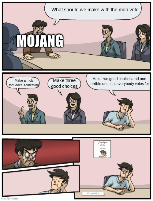Boardroom Meeting Unexpected Ending | What should we make with the mob vote; MOJANG; Make two good choices and one terrible one that everybody votes for; Make a mob that does something; Make three good choices | image tagged in boardroom meeting unexpected ending | made w/ Imgflip meme maker