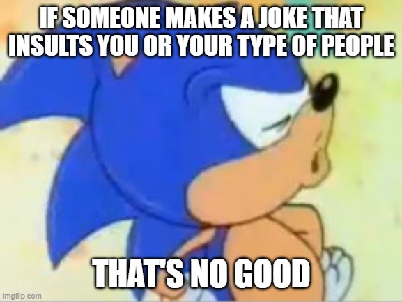 Really guys why is this what imgflip has turned into | IF SOMEONE MAKES A JOKE THAT INSULTS YOU OR YOUR TYPE OF PEOPLE; THAT'S NO GOOD | image tagged in sonic that's no good | made w/ Imgflip meme maker