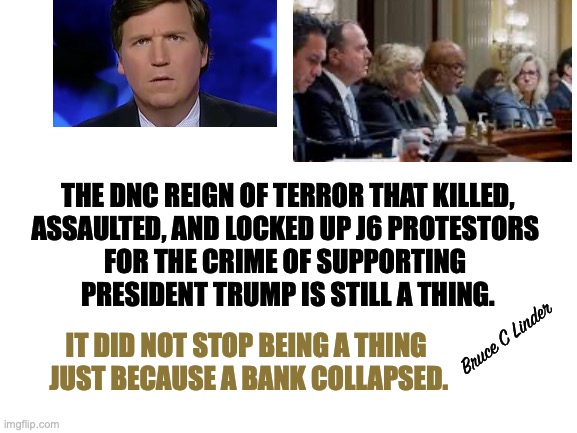 DNC Reign of Terror | THE DNC REIGN OF TERROR THAT KILLED,
ASSAULTED, AND LOCKED UP J6 PROTESTORS 
FOR THE CRIME OF SUPPORTING 
PRESIDENT TRUMP IS STILL A THING. Bruce C Linder; IT DID NOT STOP BEING A THING 
JUST BECAUSE A BANK COLLAPSED. | image tagged in dnc,j6,murderers,reign of terror,show trial,stop trump | made w/ Imgflip meme maker