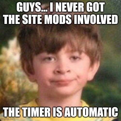 @msmg (I wouldn't get site mods for this bs) | GUYS... I NEVER GOT THE SITE MODS INVOLVED; THE TIMER IS AUTOMATIC | image tagged in annoyed face | made w/ Imgflip meme maker
