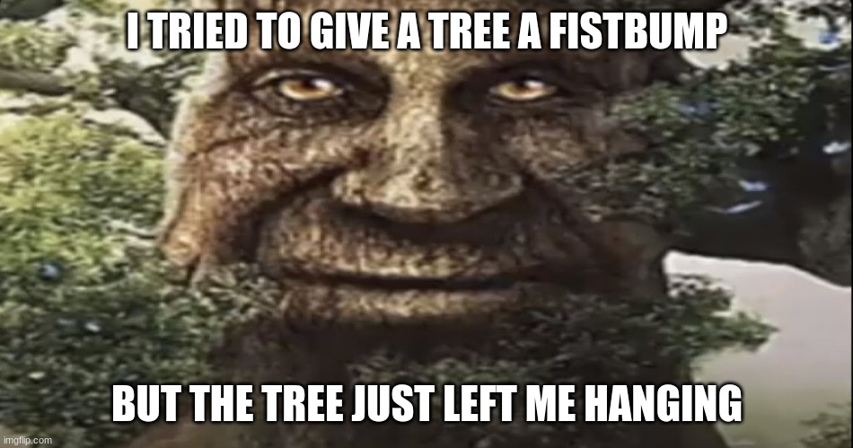 Wise mystical tree | I TRIED TO GIVE A TREE A FISTBUMP BUT THE TREE JUST LEFT ME HANGING | image tagged in wise mystical tree | made w/ Imgflip meme maker