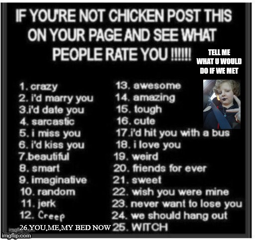 Repost if not a chicken | TELL ME WHAT U WOULD DO IF WE MET | made w/ Imgflip meme maker