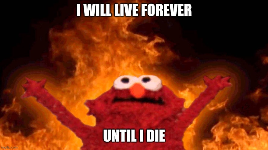 elmo fire | I WILL LIVE FOREVER; UNTIL I DIE | image tagged in elmo fire | made w/ Imgflip meme maker