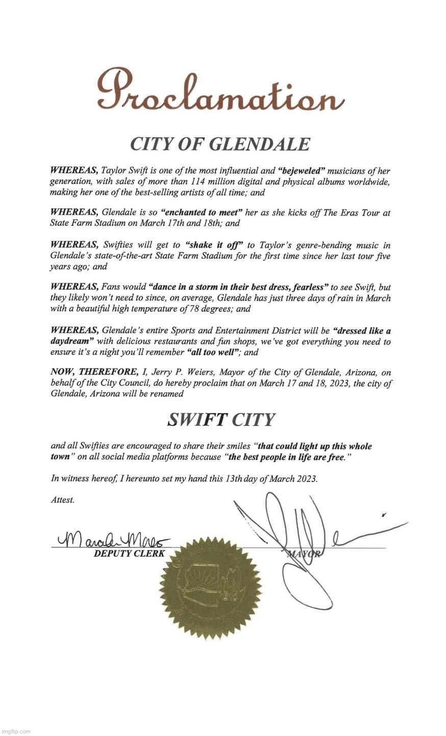 Swift City proclamation | image tagged in swift city proclamation | made w/ Imgflip meme maker