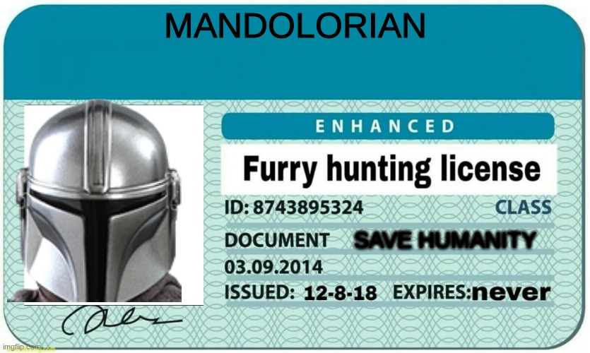 furry hunting license | MANDOLORIAN; SAVE HUMANITY | image tagged in furry hunting license | made w/ Imgflip meme maker