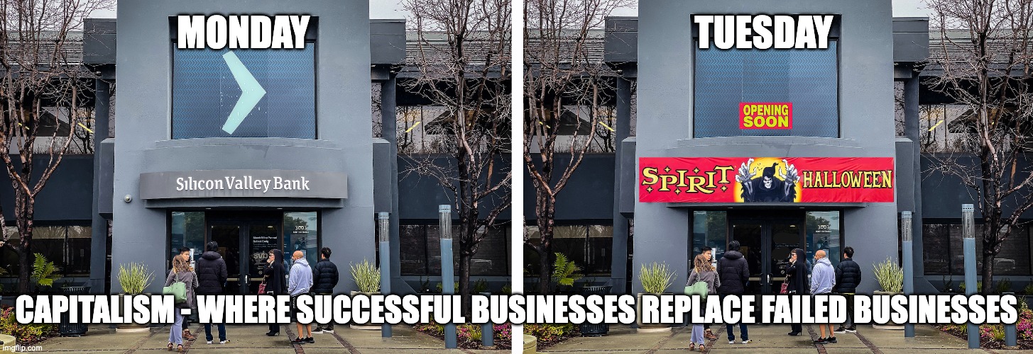 You Done Messed Up Ay-Ay-Ron | MONDAY                                                      TUESDAY; CAPITALISM - WHERE SUCCESSFUL BUSINESSES REPLACE FAILED BUSINESSES | image tagged in svb,biden faillure | made w/ Imgflip meme maker