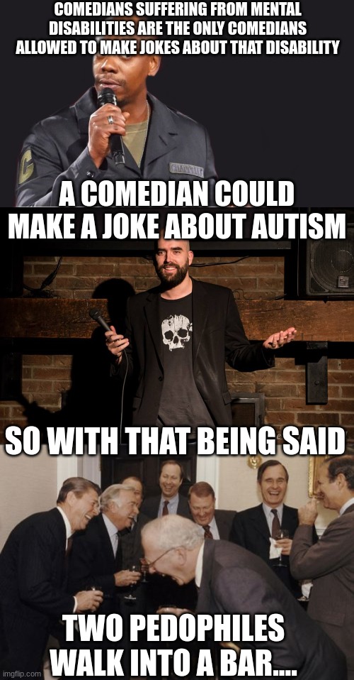 I swear, I'm not a pedo | COMEDIANS SUFFERING FROM MENTAL DISABILITIES ARE THE ONLY COMEDIANS ALLOWED TO MAKE JOKES ABOUT THAT DISABILITY; A COMEDIAN COULD MAKE A JOKE ABOUT AUTISM; SO WITH THAT BEING SAID; TWO PEDOPHILES WALK INTO A BAR.... | image tagged in comedian,stand up comedian,memes,laughing men in suits | made w/ Imgflip meme maker