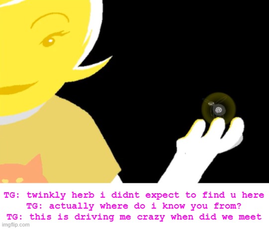 twinkly herb | TG: twinkly herb i didnt expect to find u here
TG: actually where do i know you from?
TG: this is driving me crazy when did we meet | made w/ Imgflip meme maker